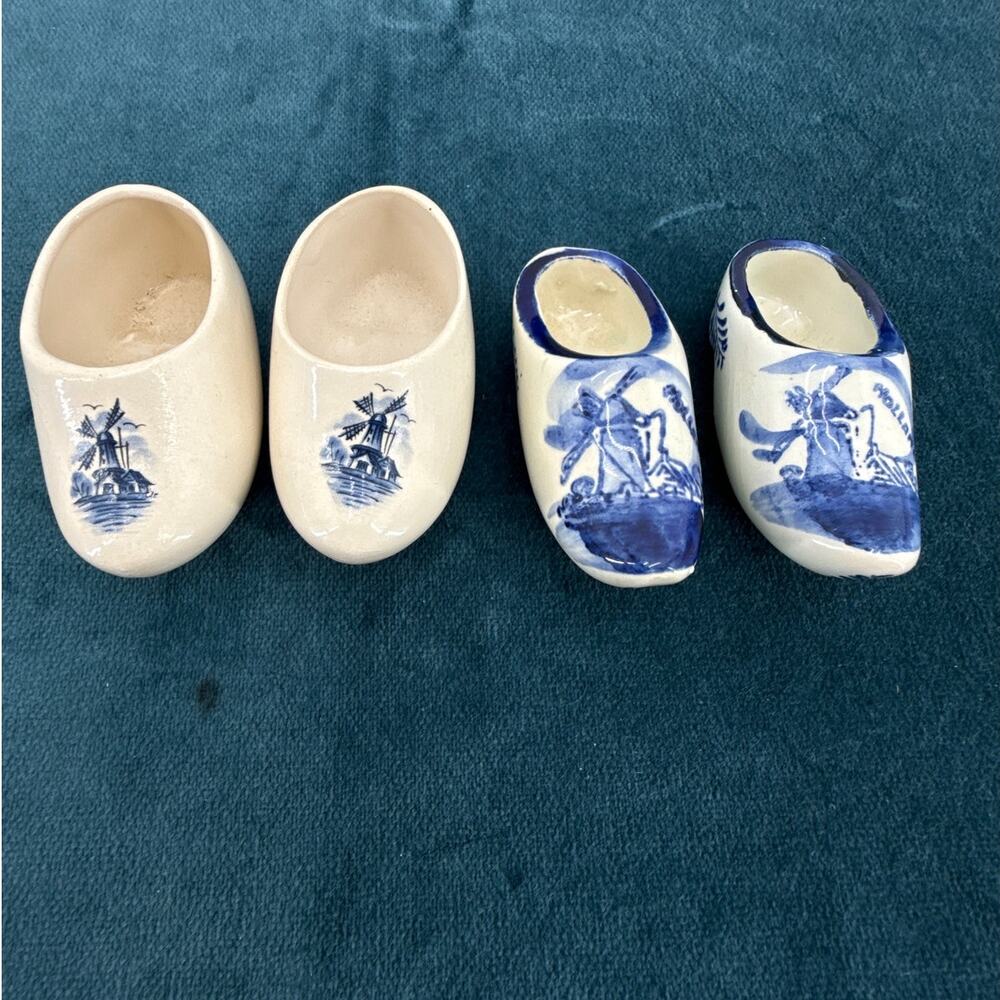 Delfts Blauw Ceramic Clogs Lot of 4 Dutch Shoes Holland Windmill Souvenir 3 Inch